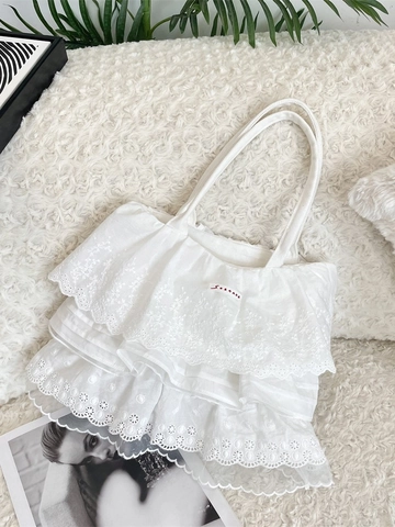 Weiße Spitze Lagige Rüschen Schultertasche Polyester Stickerei Große Kapazität Süße Tragetasche Für Frauen
