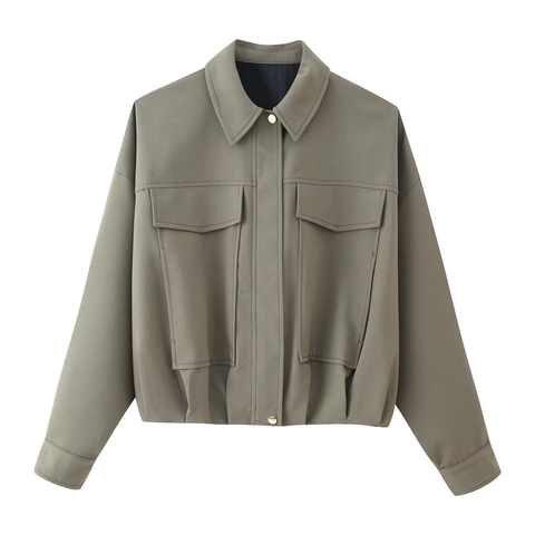 Damen Cropped Bomberjacke Reißverschluss Utility Outerwear Mit Taschen Einfarbig Langarm Casual Chic Polyester