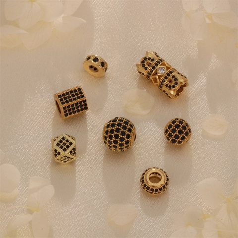 Copper Gold Plated Beads Black Cubic Zirconia Micro Pave Hollow Spacer Beads For DIY Jewelry Making Necklaces Bracelets