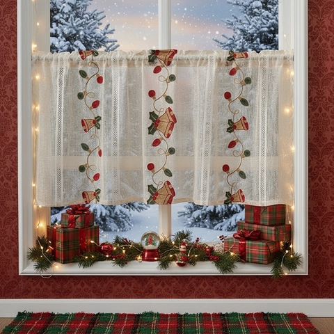 Christmas Embroidered Lace Coffee Curtain American Style Polyester Half Curtain With Bells Holly Pattern Rod Pocket For Kitchen Living Room Window Decor