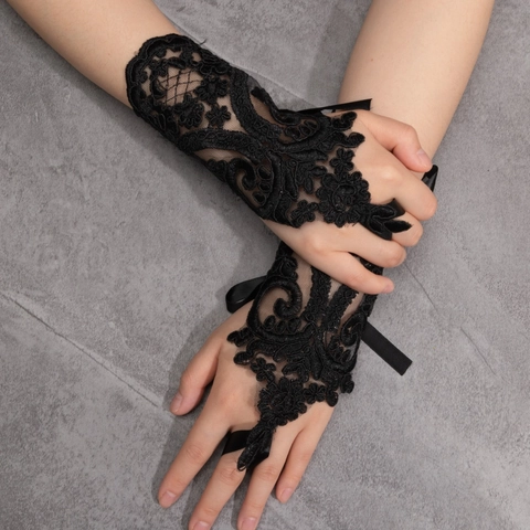 Guantes Sin Dedos De Encaje Gancho Bordado Cinta Satén Lazo Gótico Lolita Boda Novia Fiesta Halloween Accesorios De Disfraces