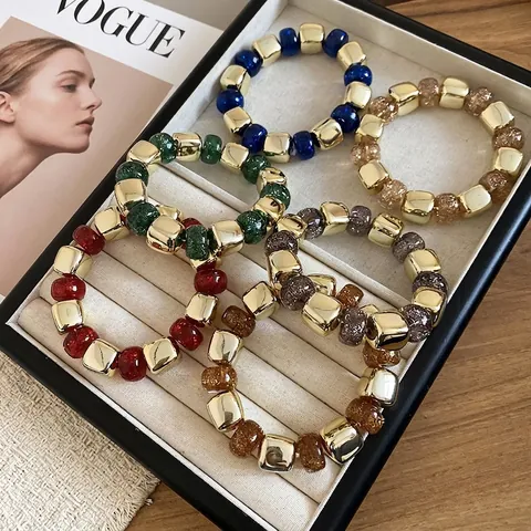 Bracelet Perles Pour Femmes Cube Métal Plaqué Or Géométrique Acrylique Résine Scintillante Chaîne Élastique Bijoux Mode