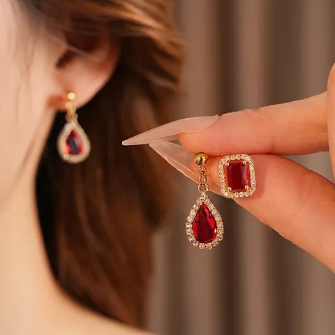 Orecchini Vintage Lusso Rubino Rosso Zircone Con Perno In Argento Lega Quadrato Goccia Gioielli Geometrici Donna