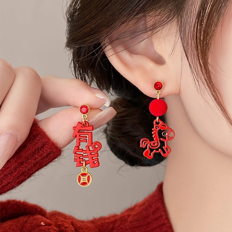 Asymmetric Drop Earrings Alloy Rhinestone Velvet Ball Pony Prosperity Character Festive Jewelry Women Silver Earring Post