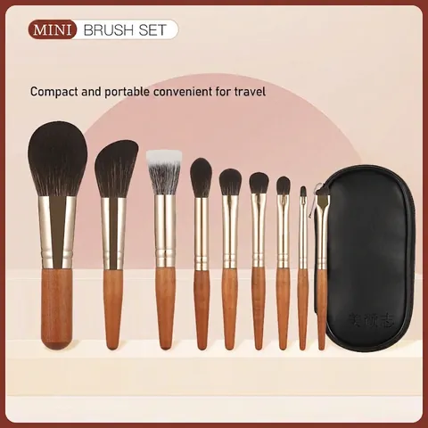 Mini Pennelli Per Trucco Portatili Viaggio Professionali Setole Morbide Fibra Sintetica Manico Legno Tubo Alluminio
