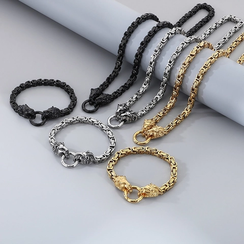 Collar Y Pulsera De Cadena Bizantina De Acero Inoxidable Para Hombre Con Cierre De Cabeza De León Joyería Hip Hop
