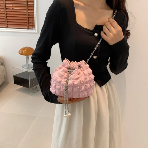 Pleated Fabric Bucket Bag With Chain Strap Artificial Pearl Pendant Drawstring Closure Trendy Shoulder Crossbody Handbag For Women
