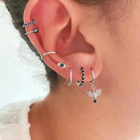 Bird Pendant Hoop Earrings Stainless Steel Zircon Wing Studs Ear Cuffs Jewelry For Women Men Gothic Punk Style