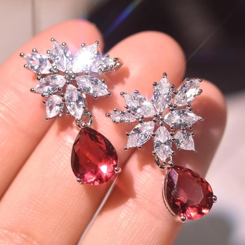 Orecchini Pendenti A Fiore In Rame Con Zircone Rosso A Pera E Pietre Marquise Gioielli Eleganti Da Donna
