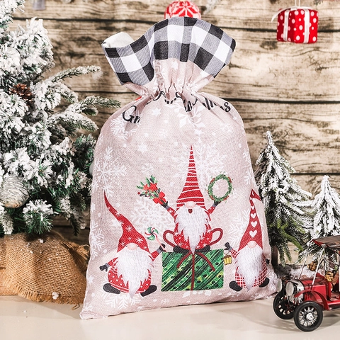 Große Weihnachts Leinen Kordelzug Geschenktüte Wichtel Muster Festliche Feiertags Party Verpackungssack Kinder Geschenktüte Deko