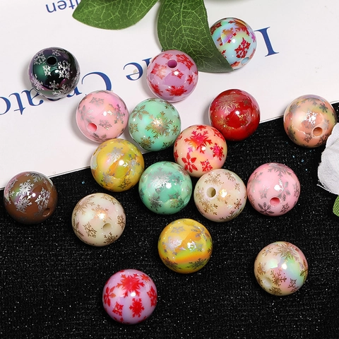 Christmas Santa Claus Printed Round Acrylic Beads For DIY Jewelry Making Accessories Crafting Snowflake Patterns Holiday Decor