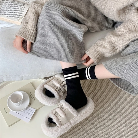 Women Crew Socks Striped Pattern Ribbed Knit Warm Winter Acrylic Blend Japanese Style Mid Calf Soft Comfortable Casual