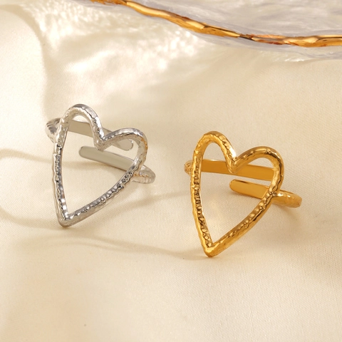 Edelstahl Herzring Hammerschlag-Textur Übergroß Gold Plattiert Verstellbar Offener Finger Schmuck Für Damen