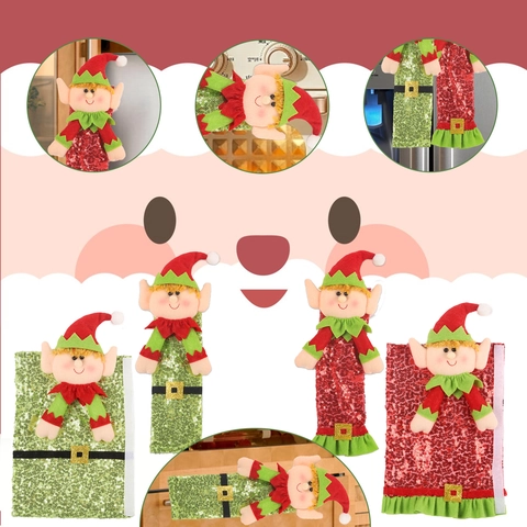 Housses De Poignée De Réfrigérateur De Noël Paillettes Peluche Elfe Protecteur De Poignée Pour Cuisine Four Déco