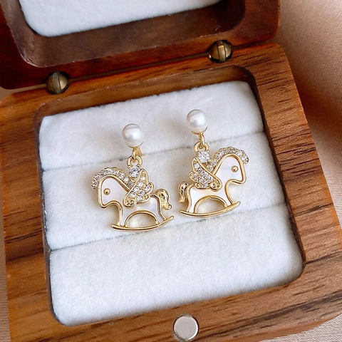 Rocking Horse Drop Earrings With Silver Earring Post Artificial Pearl Shell Rhinestone Dainty Cute Trendy Jewelry For Women