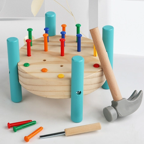 Wooden Hammering Pounding Toy Table Colorful Nails Wood Tool Hand Eye Coordination Training Toddlers Kids Fine Motor Skills
