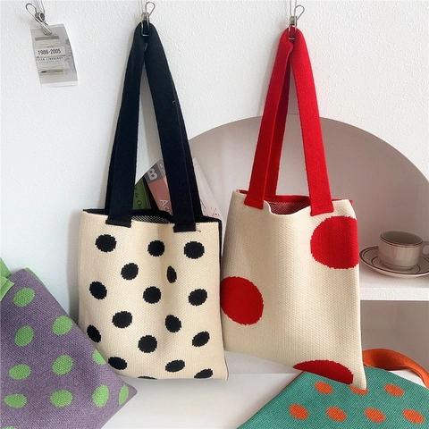 Borsa Tote In Maglia A Pois Reversibile Doppia Faccia Borsa A Tracolla Morbida Chic Borsa Per La Spesa Per Donna Retro