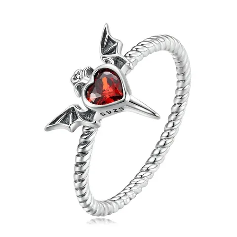 Gothic Bat Wings 925 Sterling Silver Ring Heart Red Zircon Twisted Rope Band Oxidized Jewelry For Women Men