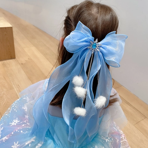 Kids Bow Hair Clip Headband Organza Rhinestone Snowflake Tassel Princess Headwear For Girls Sweet Cute