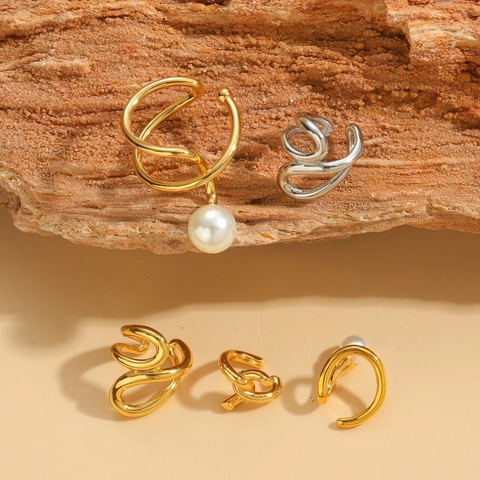 Vintage Geometric Copper Ear Cuffs For Women Minimalist Artificial Pearl Non Piercing Earrings Gold Silver Plated Jewelry