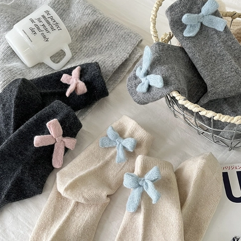 Damen Wollmischung Crew Socken Schleife Dekor Gestrickt Wadenhoch Winter Warm Japanischer Stil Weich