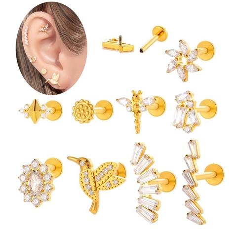 Titan Labret Stecker Piercing Schmuck Gewinde Flache Rückseite Kolibri Blume Zirkonia Ohrknorpel Tragus Helix