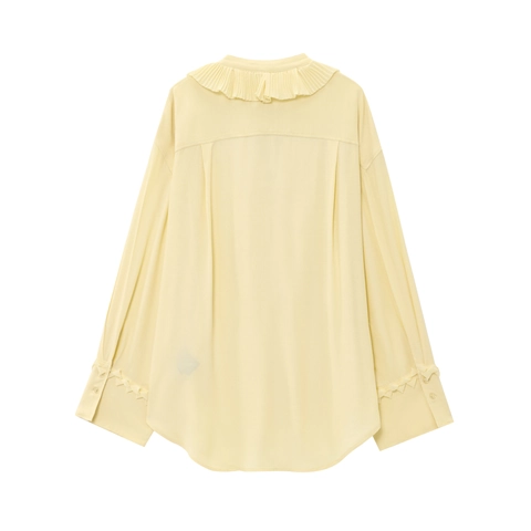 Top Con Volantes Plisados Amarillo Pálido Y Falda Midi Con Cordón Gasa Blusa Manga Larga Vacaciones Bohemio