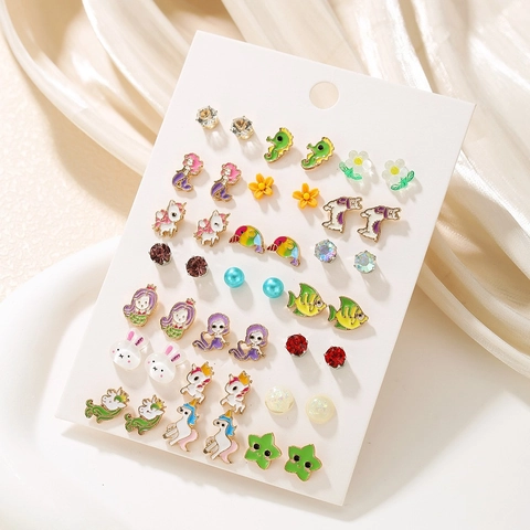 Cute Cartoon Animal Stud Earrings Zinc Alloy Enamel Resin Rhinestone Imitation Artificial Pearl Steel Earring Post Girls Jewelry