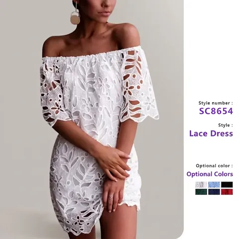 Off The Shoulder Lace Mini Dress Hollow Out Floral Embroidery Short Sleeve Elegant Straight Party Dresses For Women
