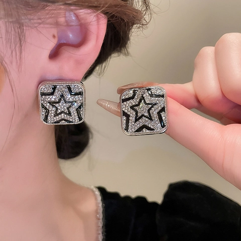 Square Alloy Rhinestone Stud Earrings With Star Pattern Enamel And Silver Earring Post Fashion Jewelry For Women
