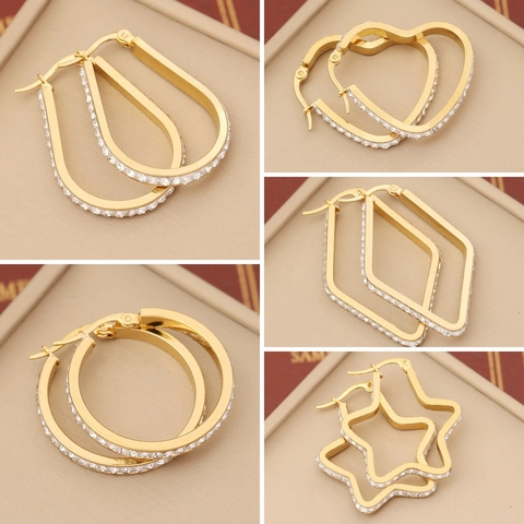 Stainless Steel Gold Plated Hoop Earrings Heart Star Water Drop Rhombus Round Shape Rhinestone Inlay Jewelry For Women
