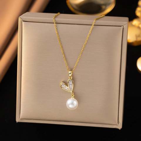 Ensemble de Bijoux Élégant en Acier Inoxydable Cœur Strass et Perle Artificielle Collier Boucles d'Oreilles Cadeau Mariage