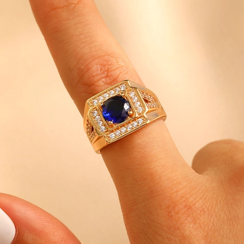 Luxuriöser Herren Kupfer Zirkonia Ring Vintage Quadratischer Runder Edelstein Eingelegter Schmuck Mode Band Ring Für Business Party Geschenk