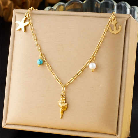 Collar Tema Océano De Acero Inoxidable Con Colgantes De Estrella De Mar Ancla Concha Perla Artificial Y Cuenta Turquesa