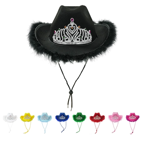 Chapeau De Cowboy Occidental Avec Couronne De Diadème En Strass Et Bordure En Plumes Cordelette Coupe-Vent Réglable