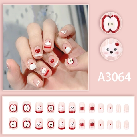 Cute Cartoon Press On Nails Apple Cherry Dog Design Red White Glossy Square Wearable False Nails For Women