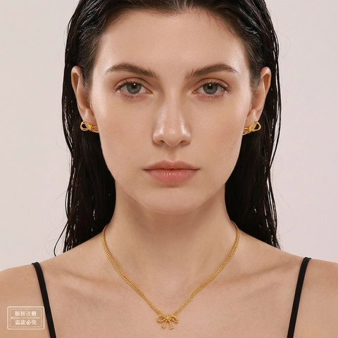 Κομψά Κοσμήματα Φιόγκος Ατσάλι Χαλκός 18K Επιχρυσωμένο Μαργαριτάρι Γλυκού Νερού Κολιέ Και Σκουλαρίκια Γυναίκες