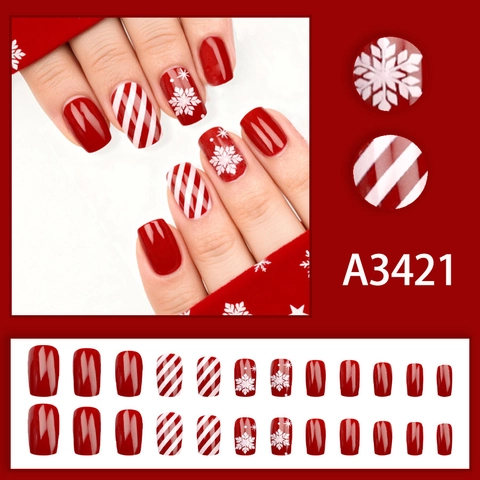 Christmas Red White Snowflake Candy Stripe Press On Nails Short Square Artificial False Nail Tips For Women Holiday Party