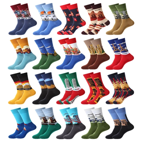 Landmark World Architecture Pattern Mid-Calf Crew Socks Cotton Blend Breathable Comfortable Daily Casual Trendy Unisex Adult