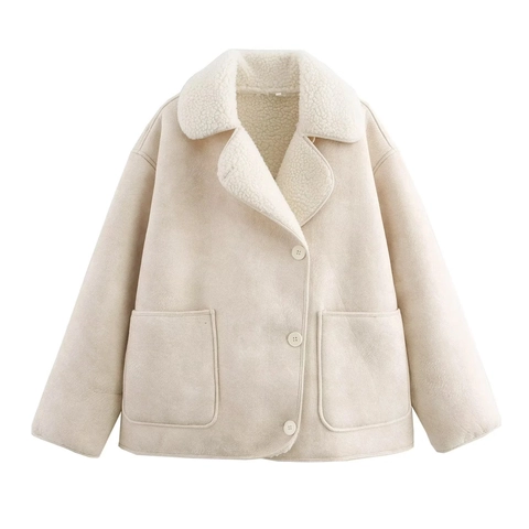 Damen Vintage Kunstleder Lammfell Jacke Mantel Reverskragen Einreihig Locker Winter Oberbekleidung Mit Taschen