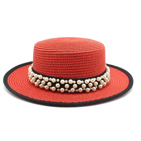 Sombrero Boater Mujer Paja Protección Solar Ala Ancha Francés Retro Perla Artificial Cinta Decoración Elegante Accesorio Verano