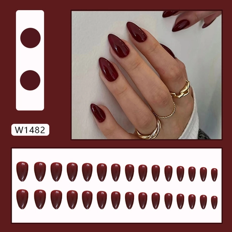 Uñas Postizas Press On Burdeos Rojo Oscuro Brillantes Forma Almendra Uñas Artificiales Largas Manicura Color Sólido