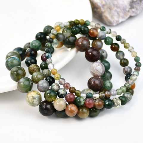 Natural India Agate Stone Beaded Bracelet Vintage Handmade Elastic Round Gemstone Jewelry For Men And Women