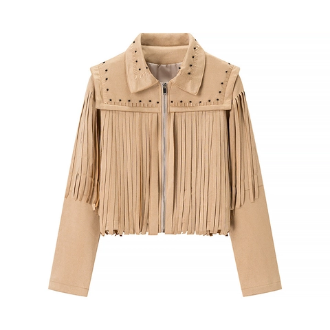 Women Faux Suede Fringe Jacket Western Cowboy Style Studded Tassel Zipper Lapel Long Sleeve Coat Bohemian