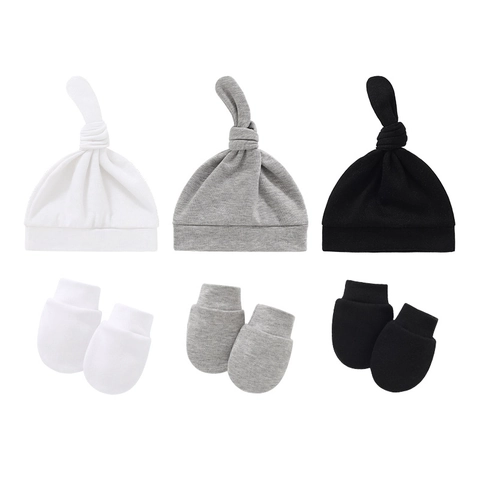 Infant Newborn Baby Cotton Knot Hat And Anti Scratch Mittens Soft Breathable Beanie For Boys Girls Toddler Daily Accessories