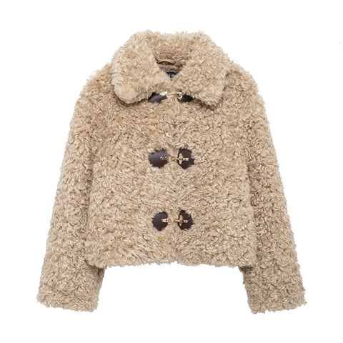 Dames Jas Van Imitatielamswol Kort Jack Imitatiebont Leren Knebelbevestiging Omvouwbare Kraag Warm Casual