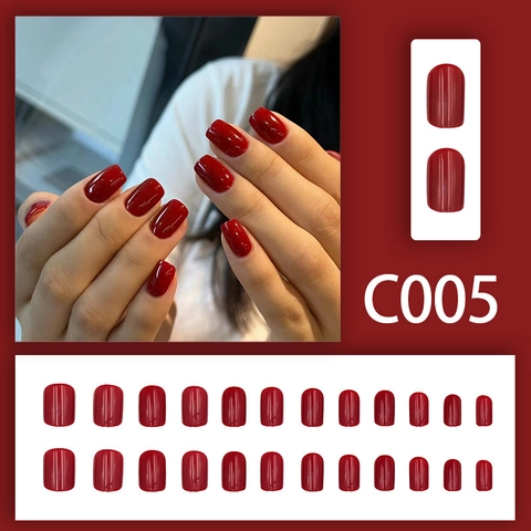 Press On Nails Short Square Oval Solid Dark Red Glossy Wine Red Full Cover Artificial Nail Tips For Women
