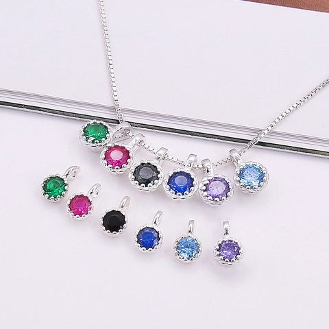925 Sterling Silver Colorful Mini Round Cubic Zirconia Pendant Charm For DIY Jewelry Making Accessories
