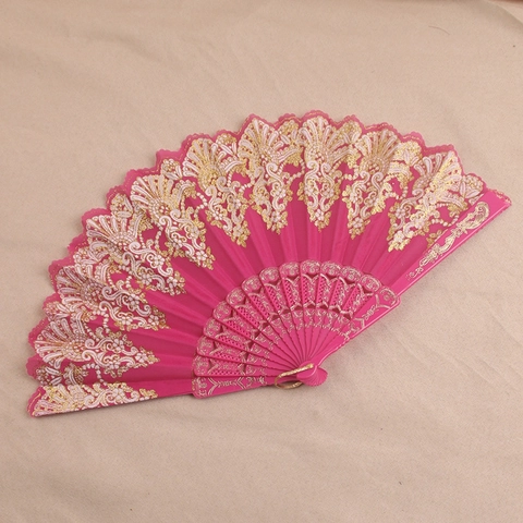 Vintage Spanish Style Folding Hand Fan Gold Glitter Lace Cloth Plastic Ribs Decorative For Wedding Dance Party Props