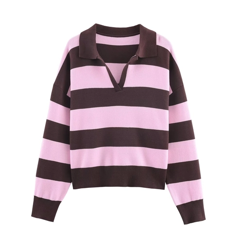 Pull En Tricot Rayé À Col Polo Pour Femmes Rétro Preppy Coupe Ample Manches Longues Polyester Acrylique